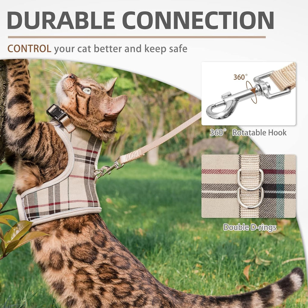 Soft Mesh Cat Vest Harness and Leash Set Puppy Padded Pet Harnesses Escape Proof for Cats Small Dogs Rabbits Bunny, Plaid Beige, M