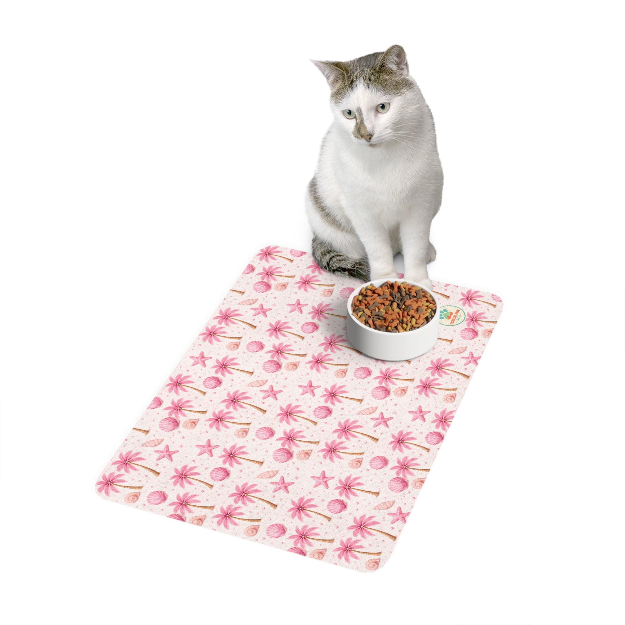Pink Seashell Palm Pattern Pet Food Mat | 12x18