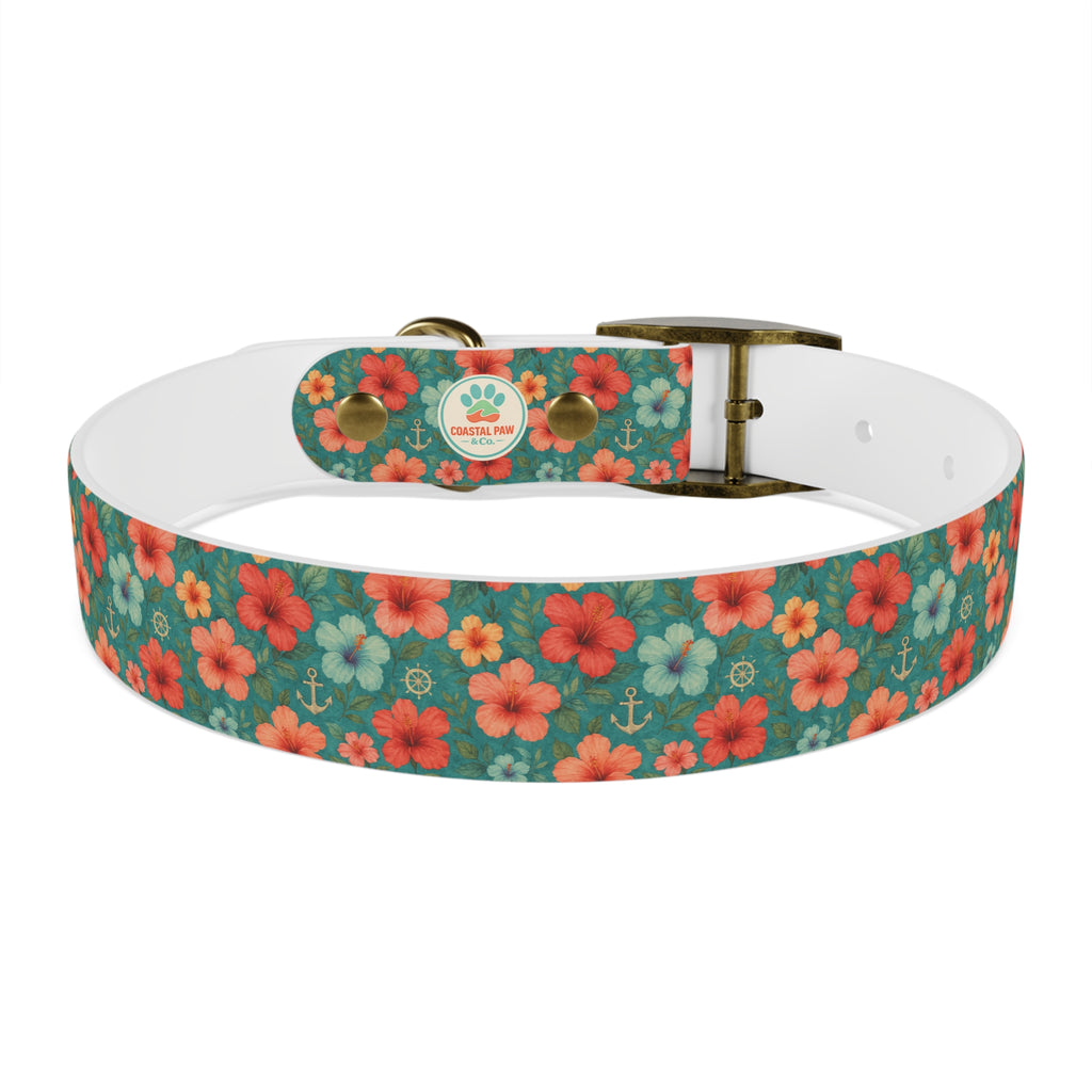 Tropical Hibiscus Pattern Dog Collar | Coral Floral on Teal