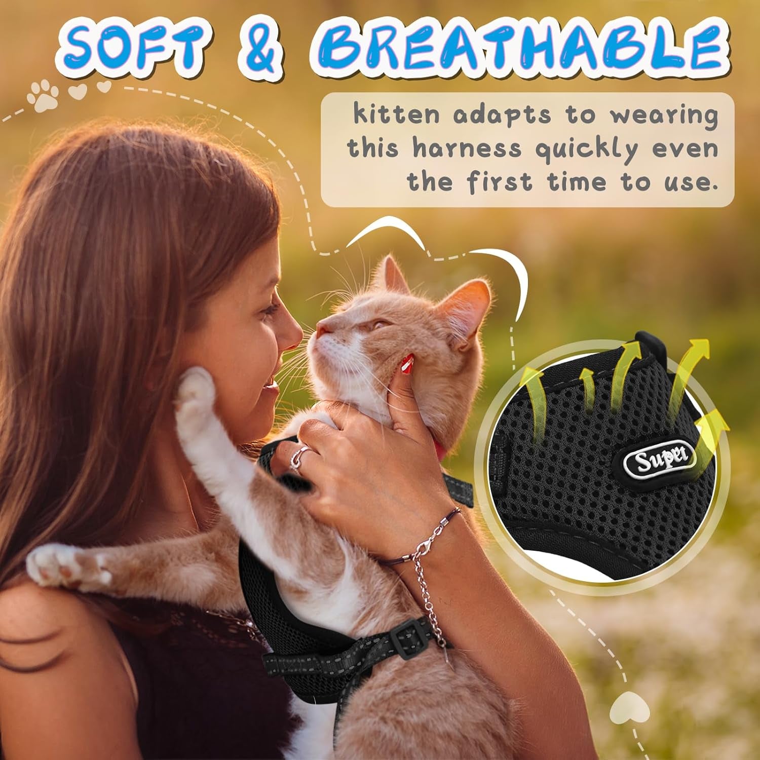 Cat Harness and Leash Set for Small to Large Cats Adjustable Cat Vest Harness with Reflective Trim Universal Cat Leash and Harness for Cats/Puppies