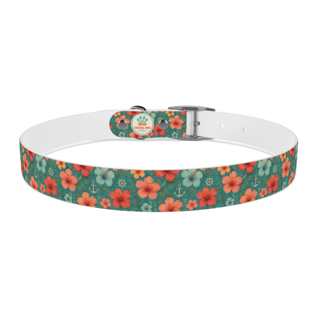 Tropical Hibiscus Pattern Dog Collar | Coral Floral on Teal