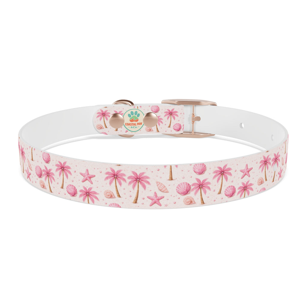 Pink Seashell Palm Tree Pattern Dog Collar | Beach Summer Print