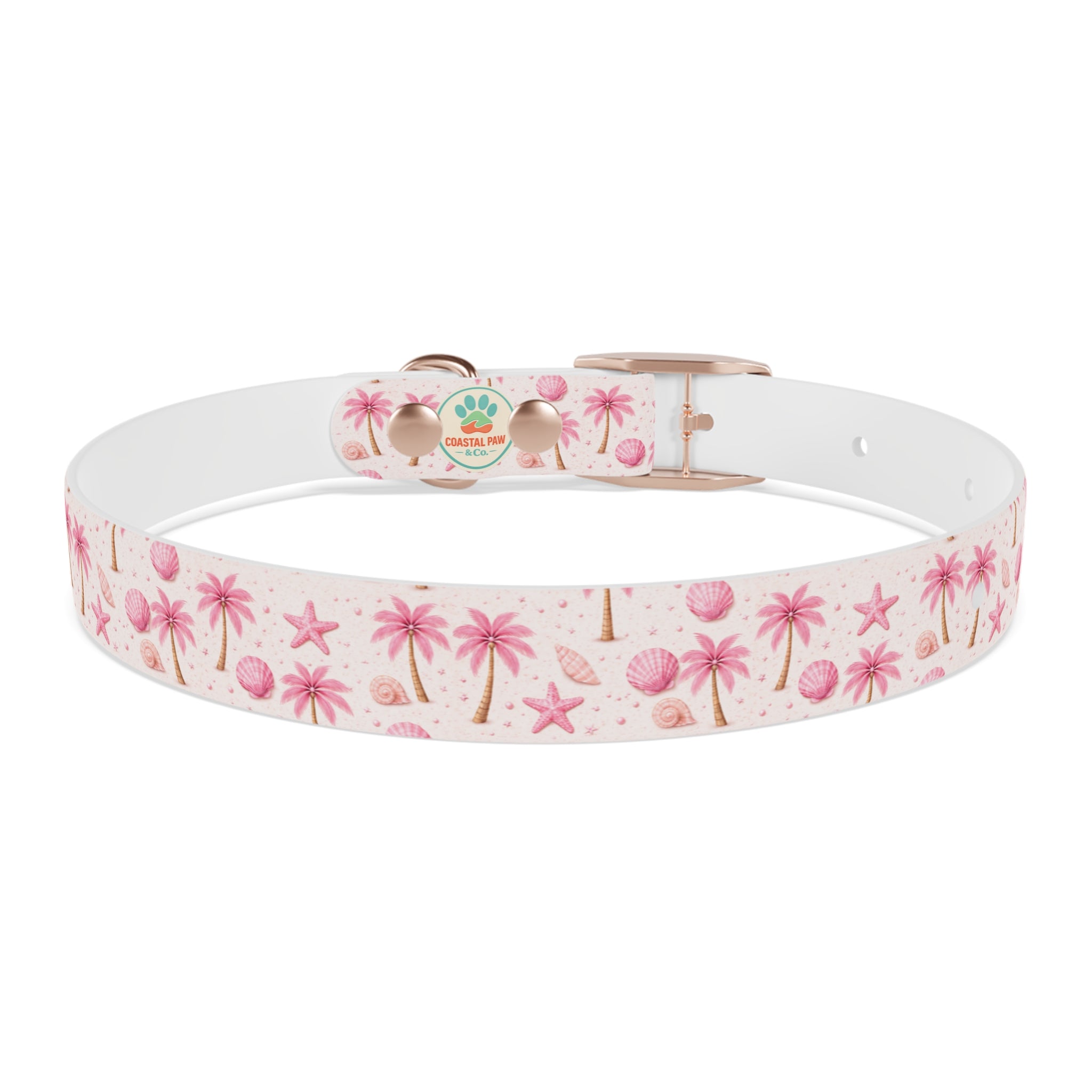 Pink Seashell Palm Tree Pattern Dog Collar | Beach Summer Print
