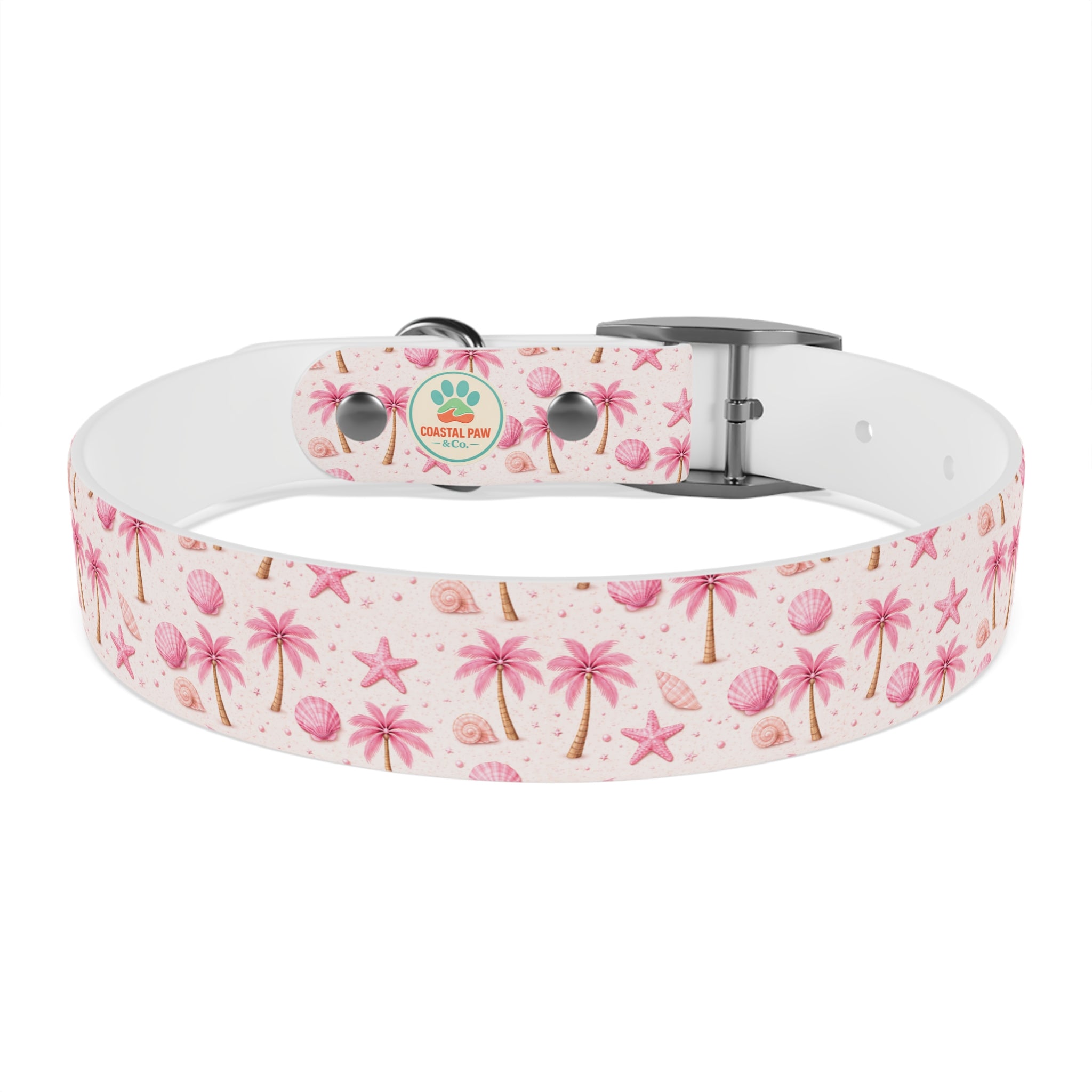 Pink Seashell Palm Tree Pattern Dog Collar | Beach Summer Print