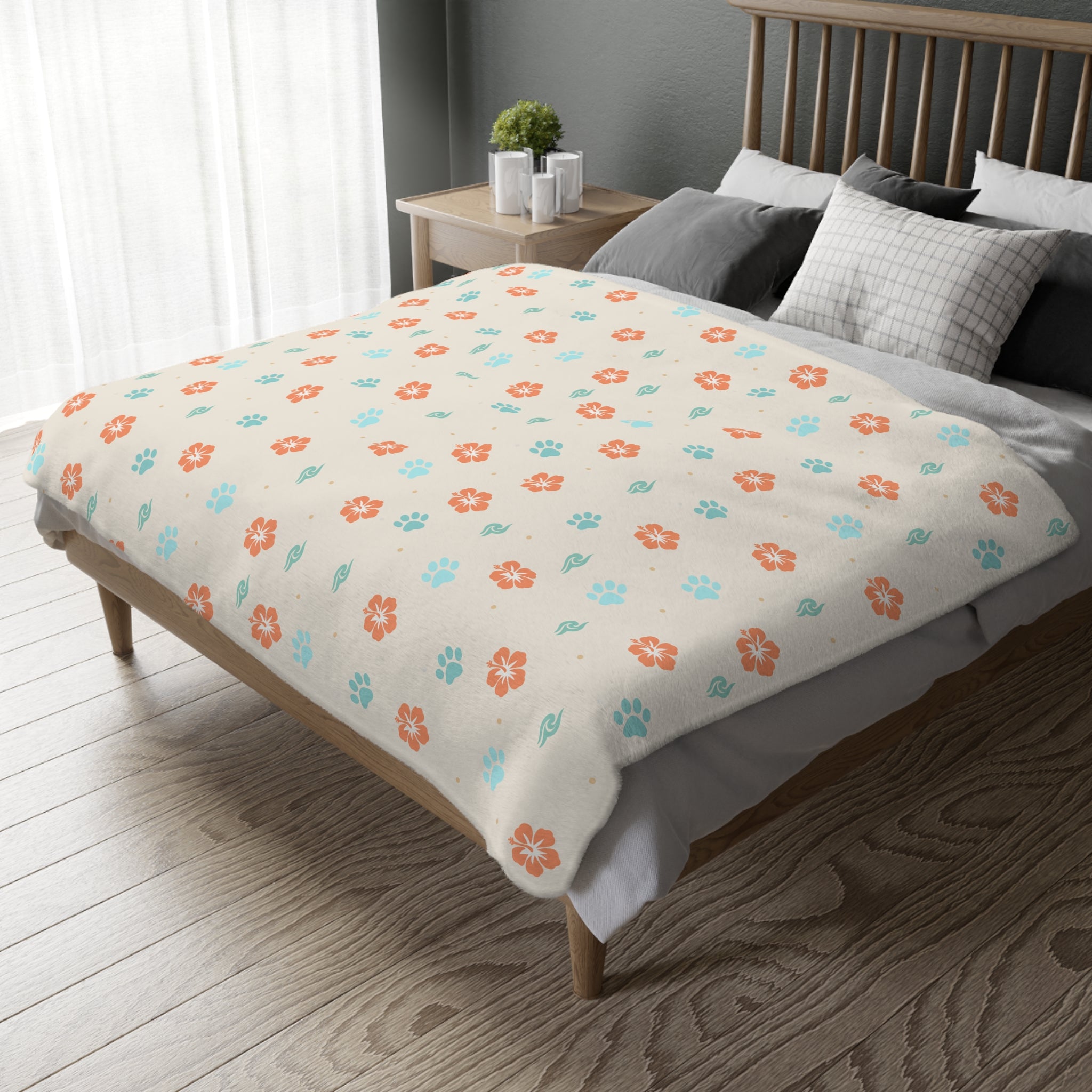 Floral Paw Print Blanket Velveteen Microfiber Blanket | Two-Sided Print