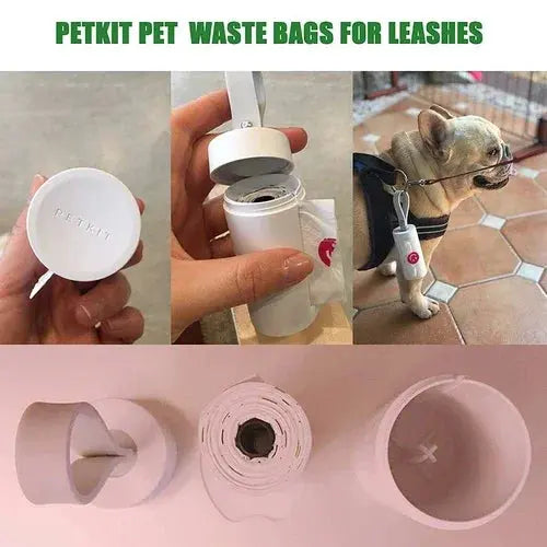 Petkit white pet waste bag dispenser clipped to dog leash, showing bag roll and dispenser details