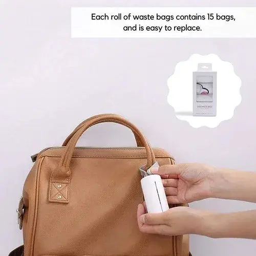 Hands pulling a waste bag from a white dispenser, held near a brown leather bag, with text about 15 bags per roll.