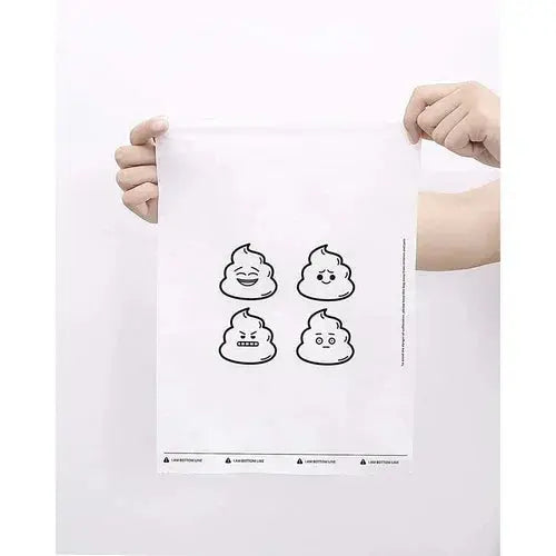 Person holding white bag with four cartoon poop emoji faces showing different expressions