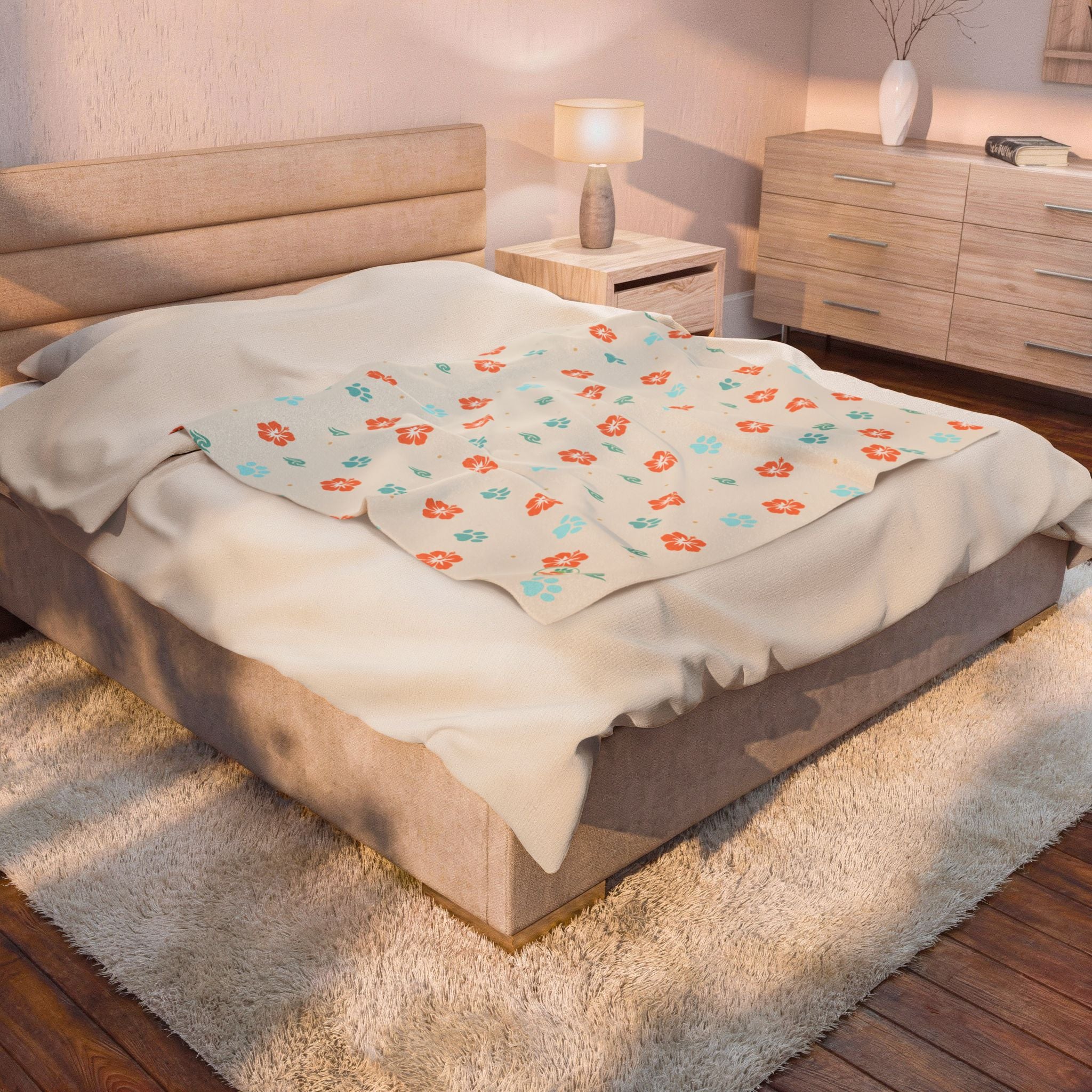 Retro Floral Pattern Velveteen Plush Blanket | Orange Teal Flower Throw