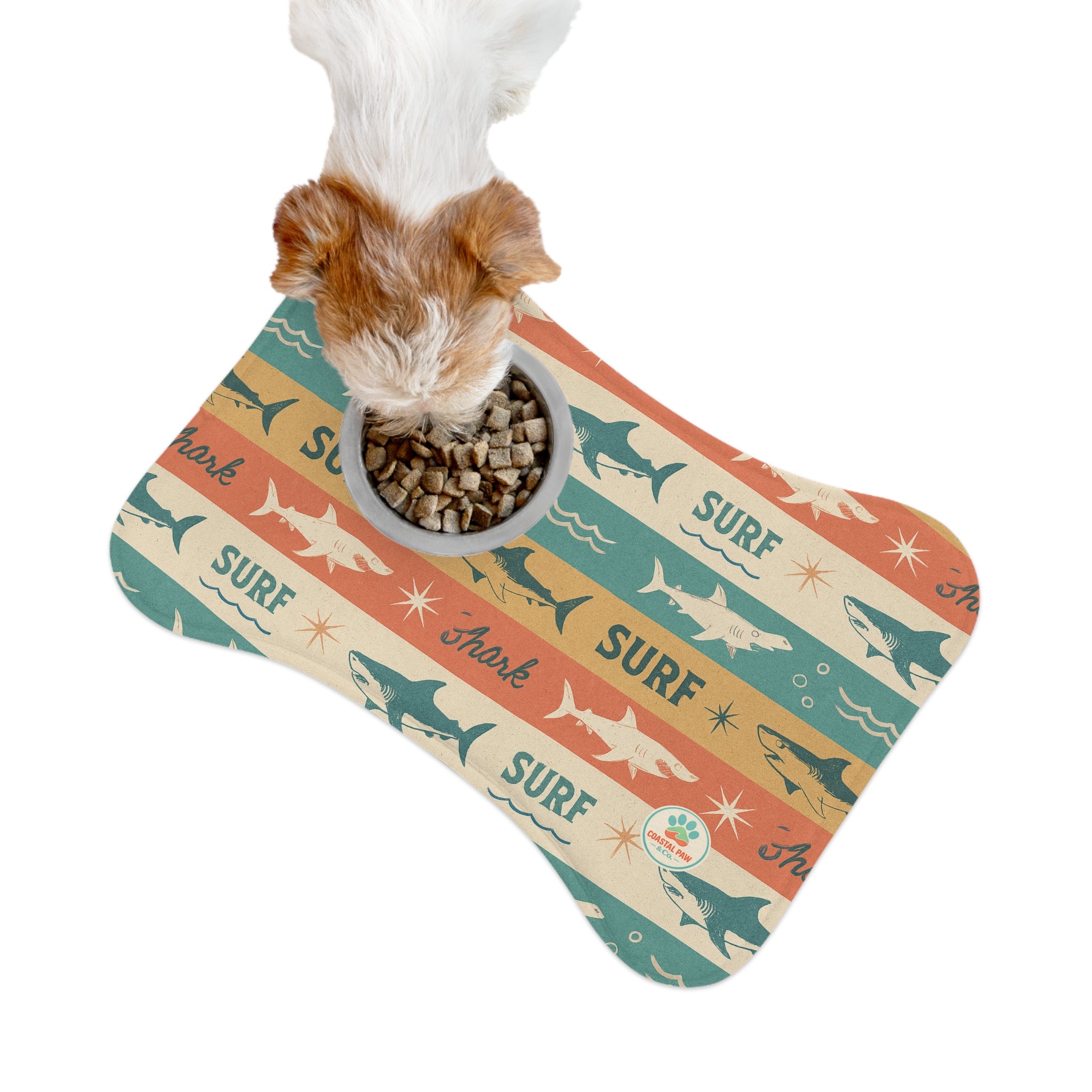 Retro Surf Sharks Pet Feeding Mat | Bone-Shaped Placemat for Pets