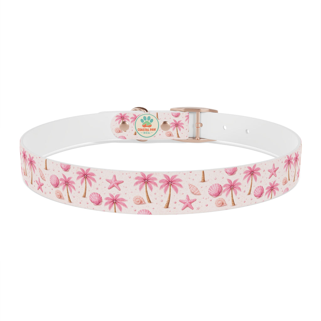 Pink Seashell Palm Tree Pattern Dog Collar | Beach Summer Print