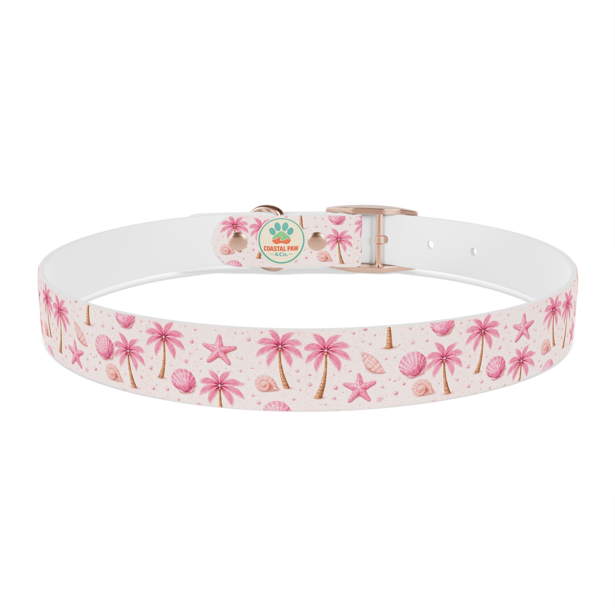 Pink Seashell Palm Tree Pattern Dog Collar | Beach Summer Print