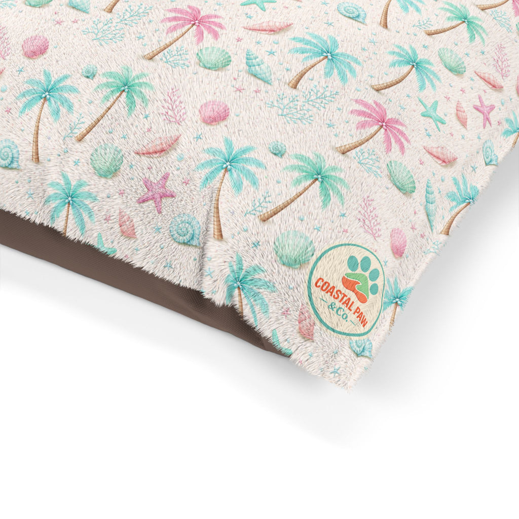 Pastel Palm Trees Pet Bed | Tropical Seashell Pattern