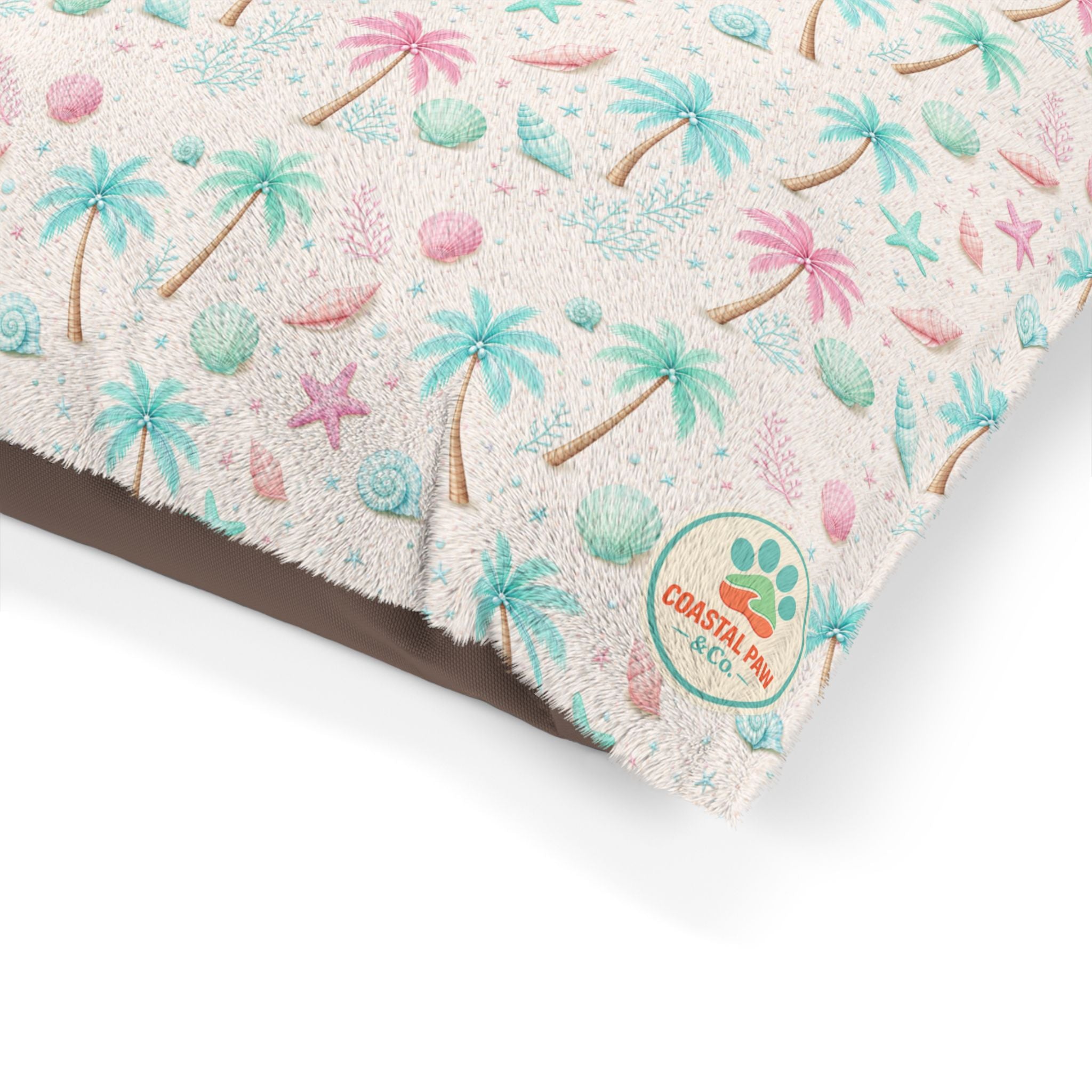 Pastel Palm Trees Pet Bed | Tropical Seashell Pattern