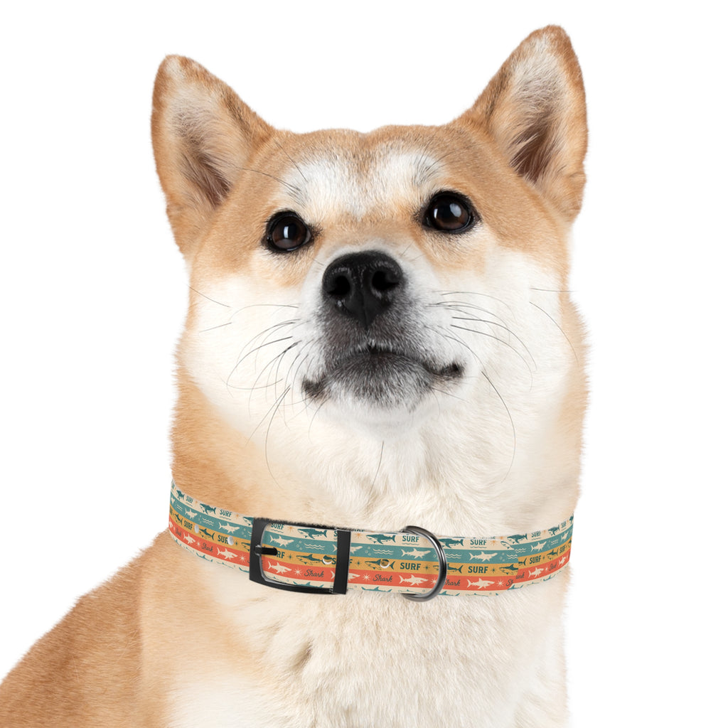 Retro Surf Sharks Dog Collar | Striped Beach Waves Pattern