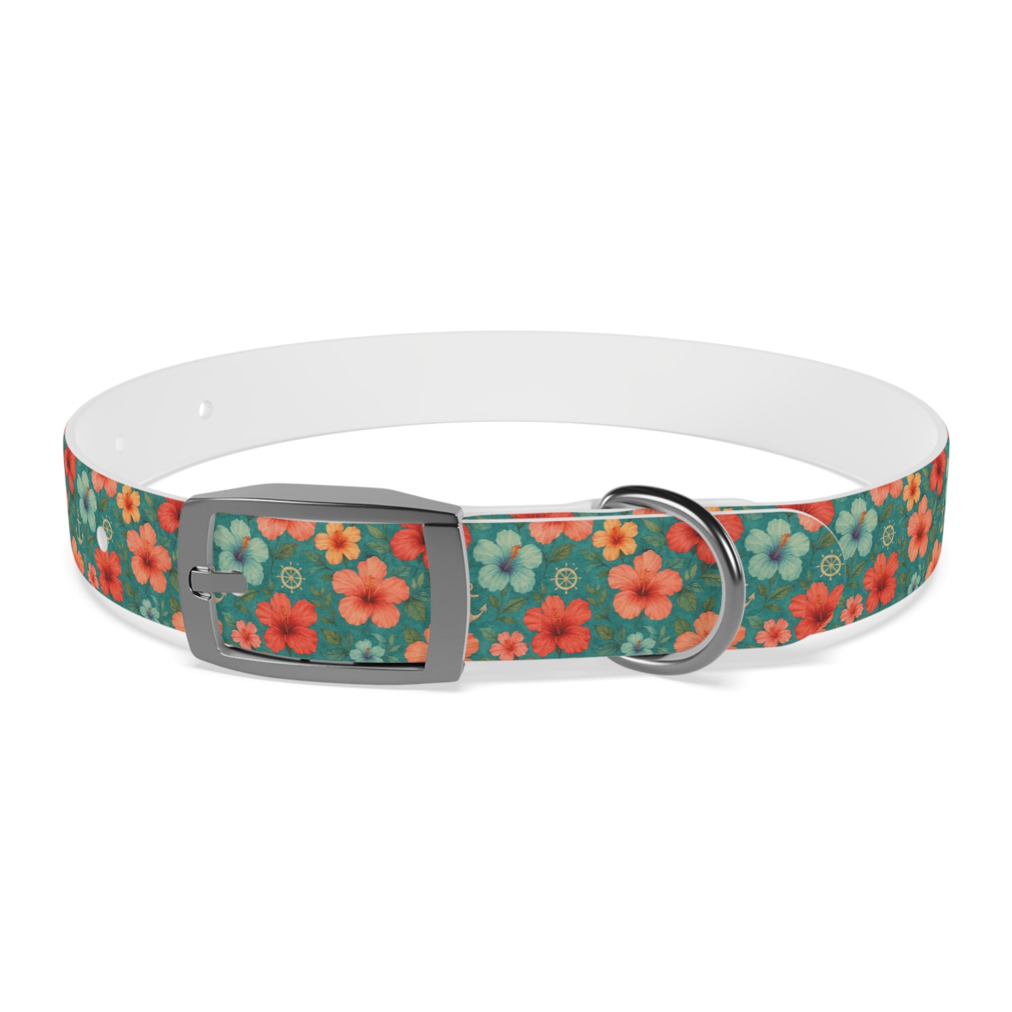 Tropical Hibiscus Pattern Dog Collar | Coral Floral on Teal