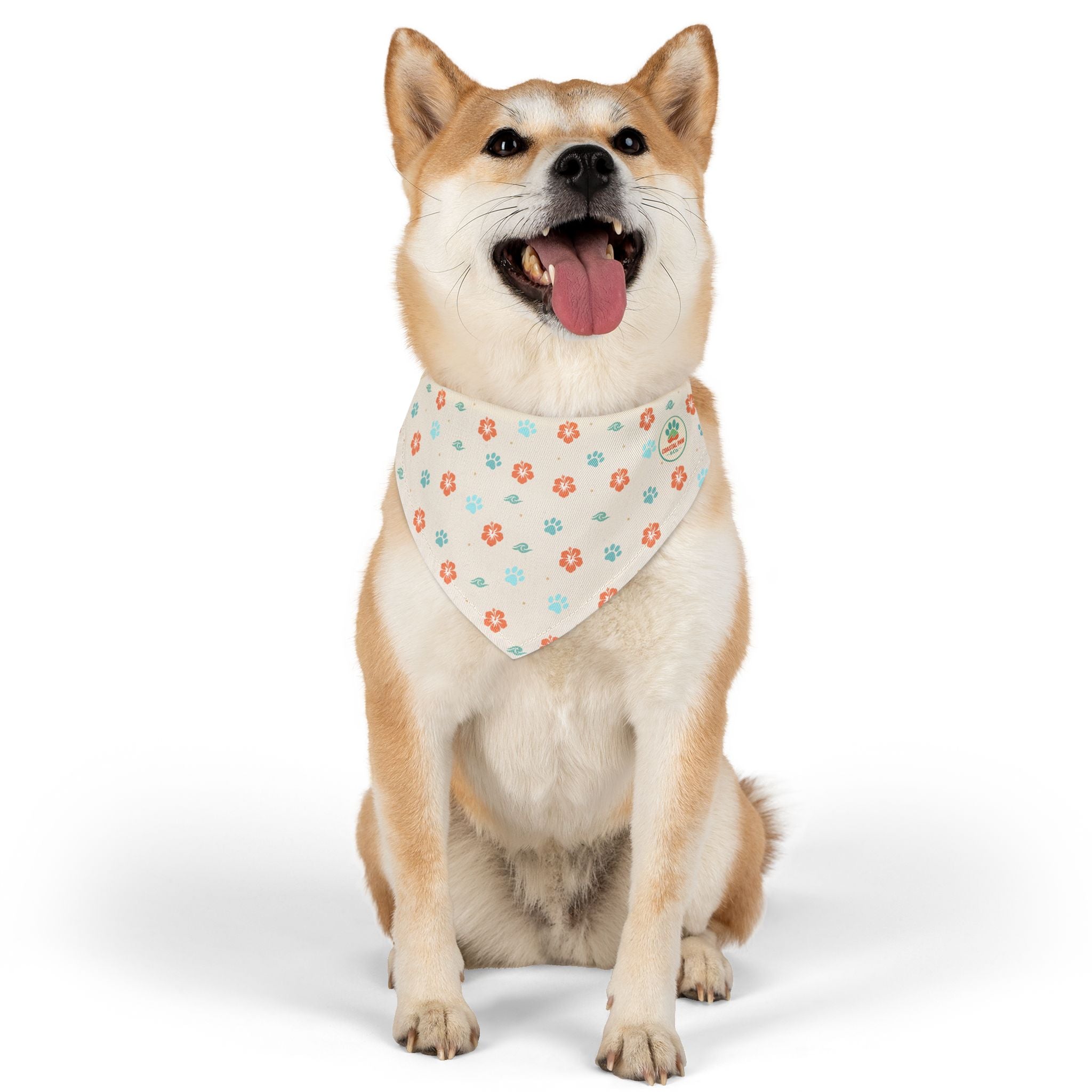Coastal Paw Logo Pet Bandana Collar | Floral Paw Prints, Beach Theme
