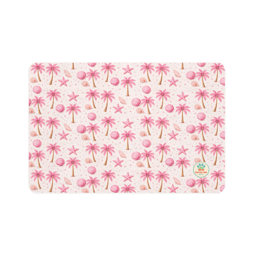 Pink Seashell Palm Pattern Pet Food Mat | 12x18