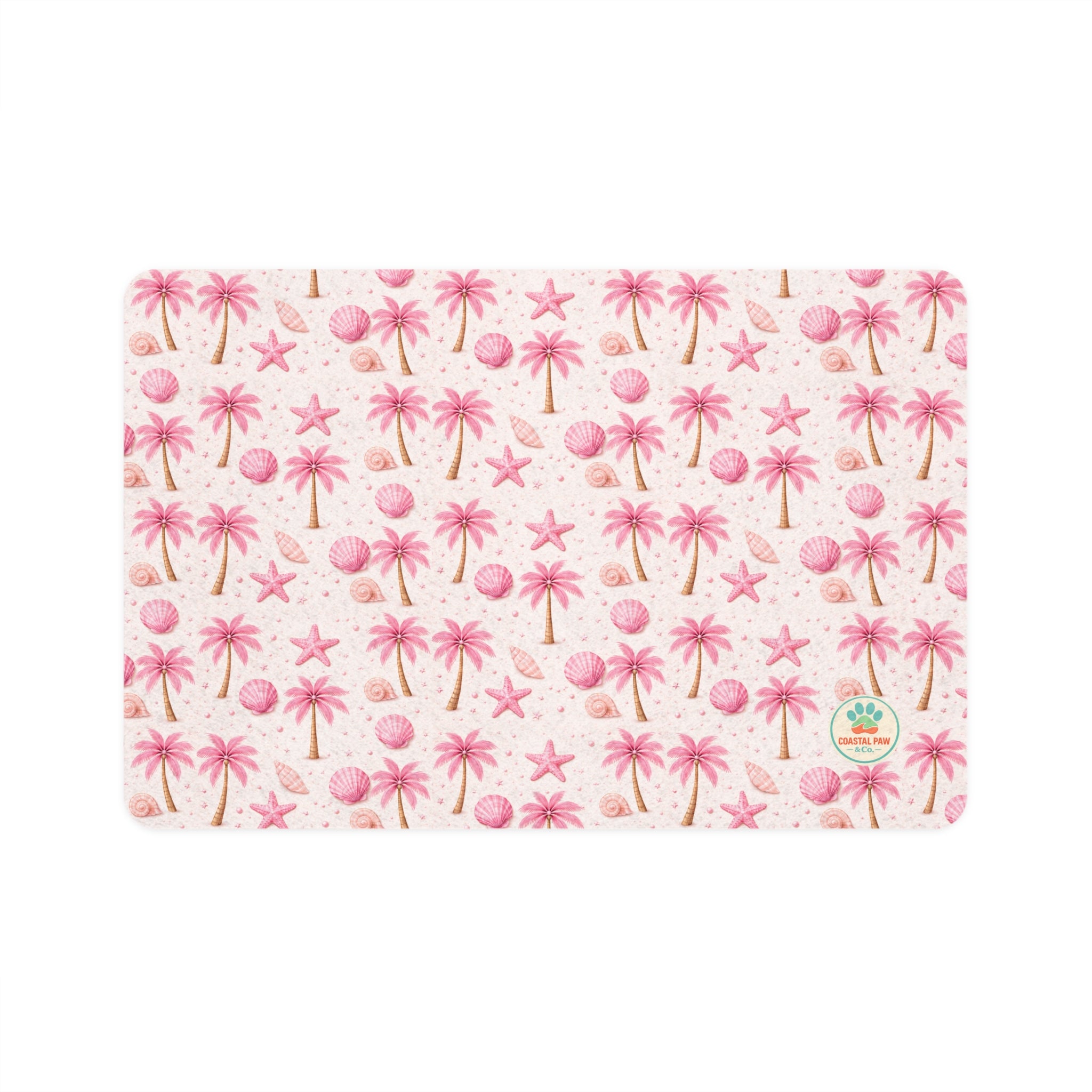 Pink Seashell Palm Pattern Pet Food Mat | 12x18