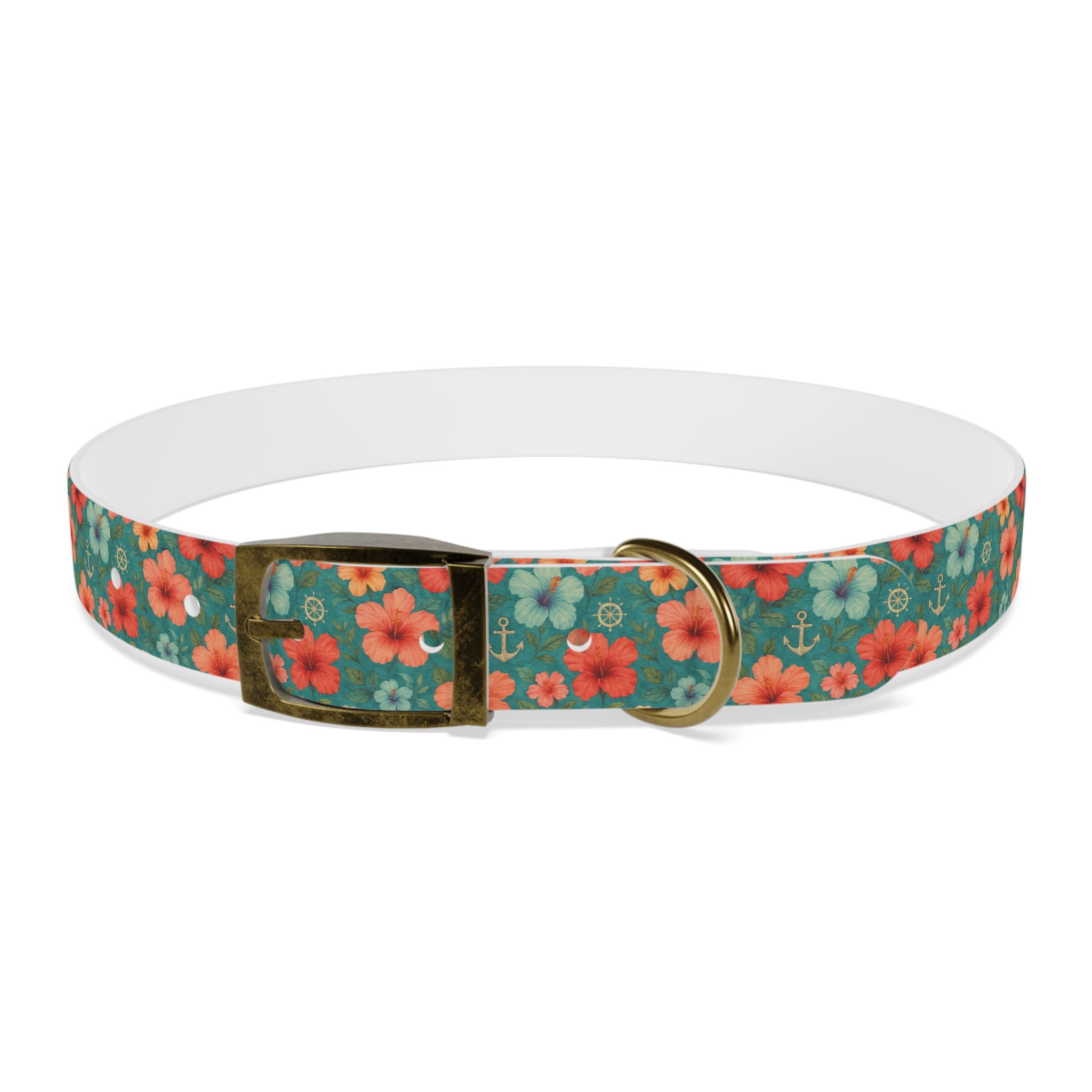 Tropical Hibiscus Pattern Dog Collar | Coral Floral on Teal