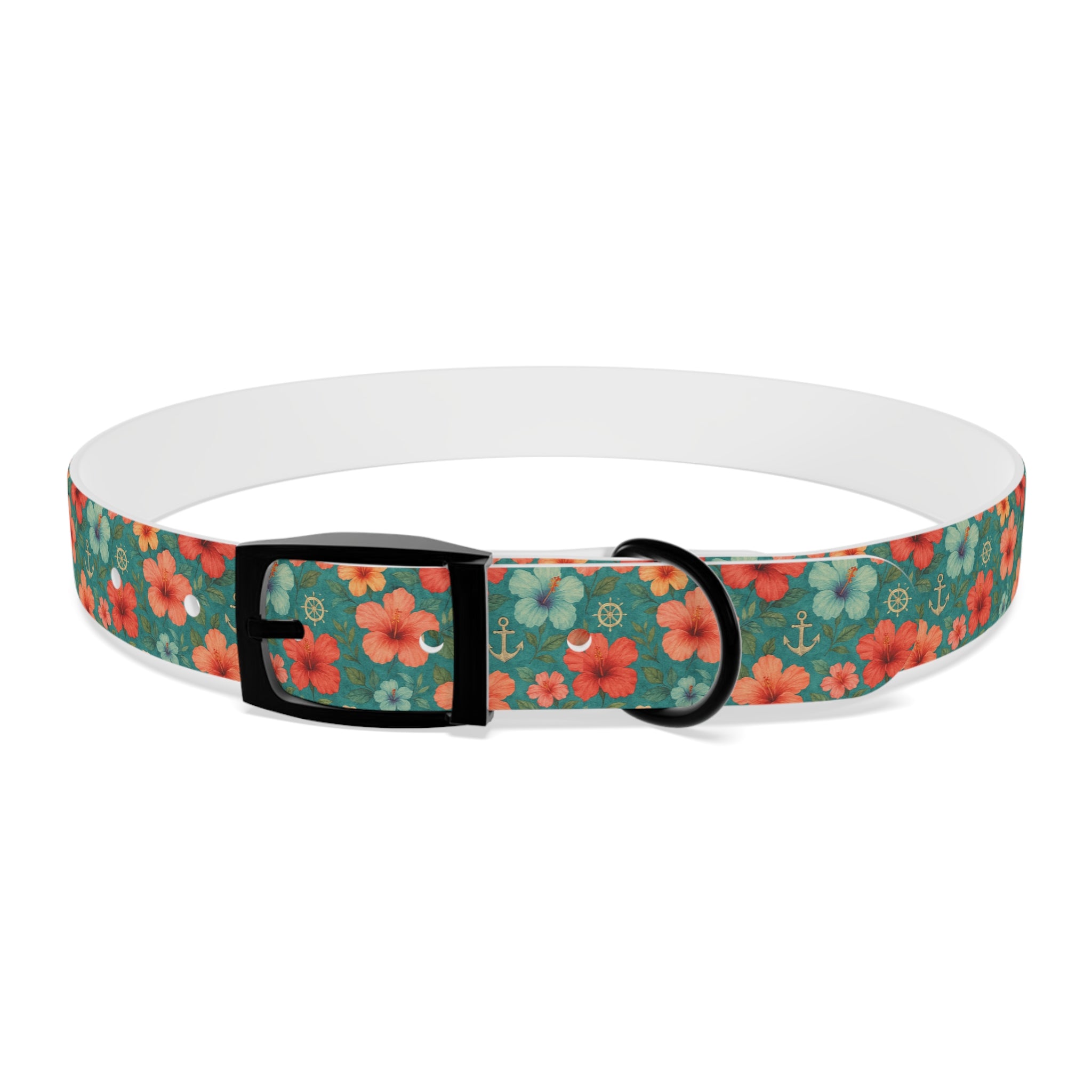 Tropical Hibiscus Pattern Dog Collar | Coral Floral on Teal