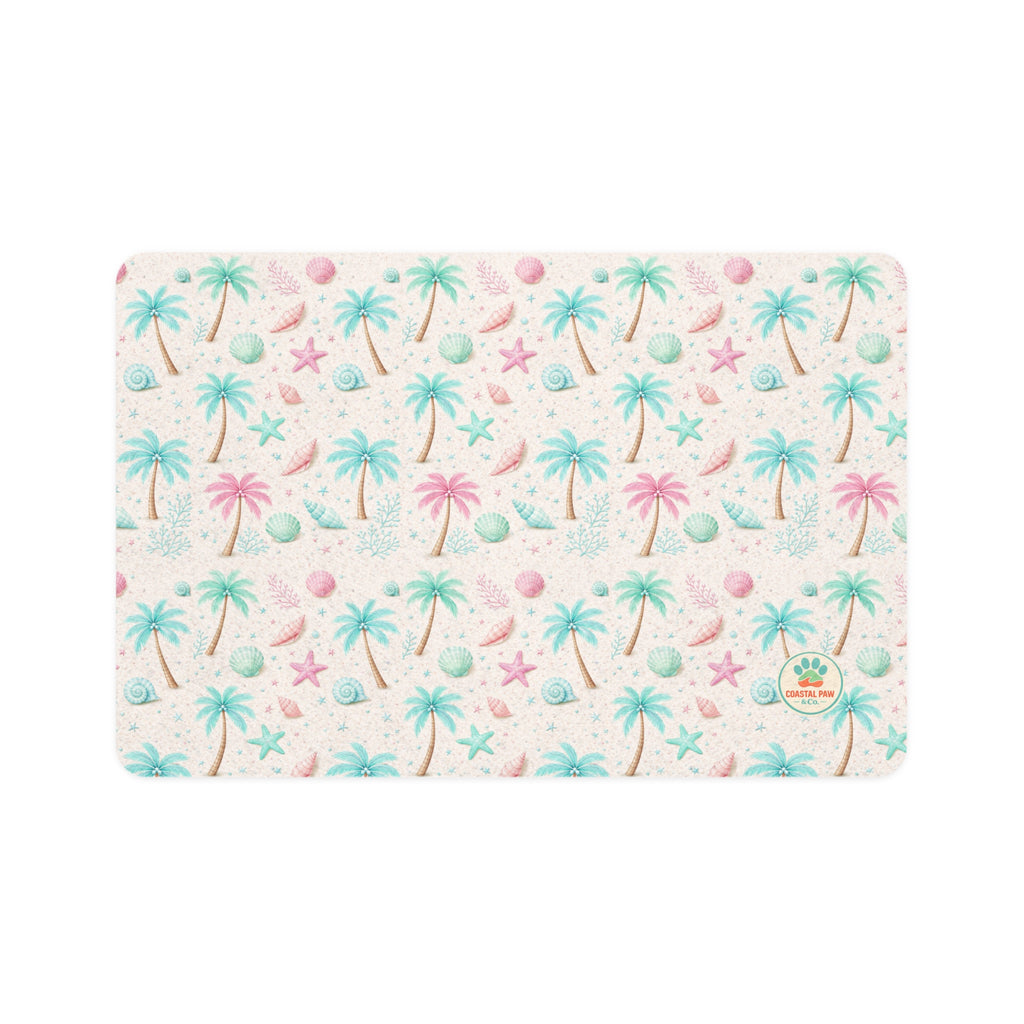 Pastel Beach Palm Tree Pet Food Mat, 12x18 | Seashells, Starfish Design