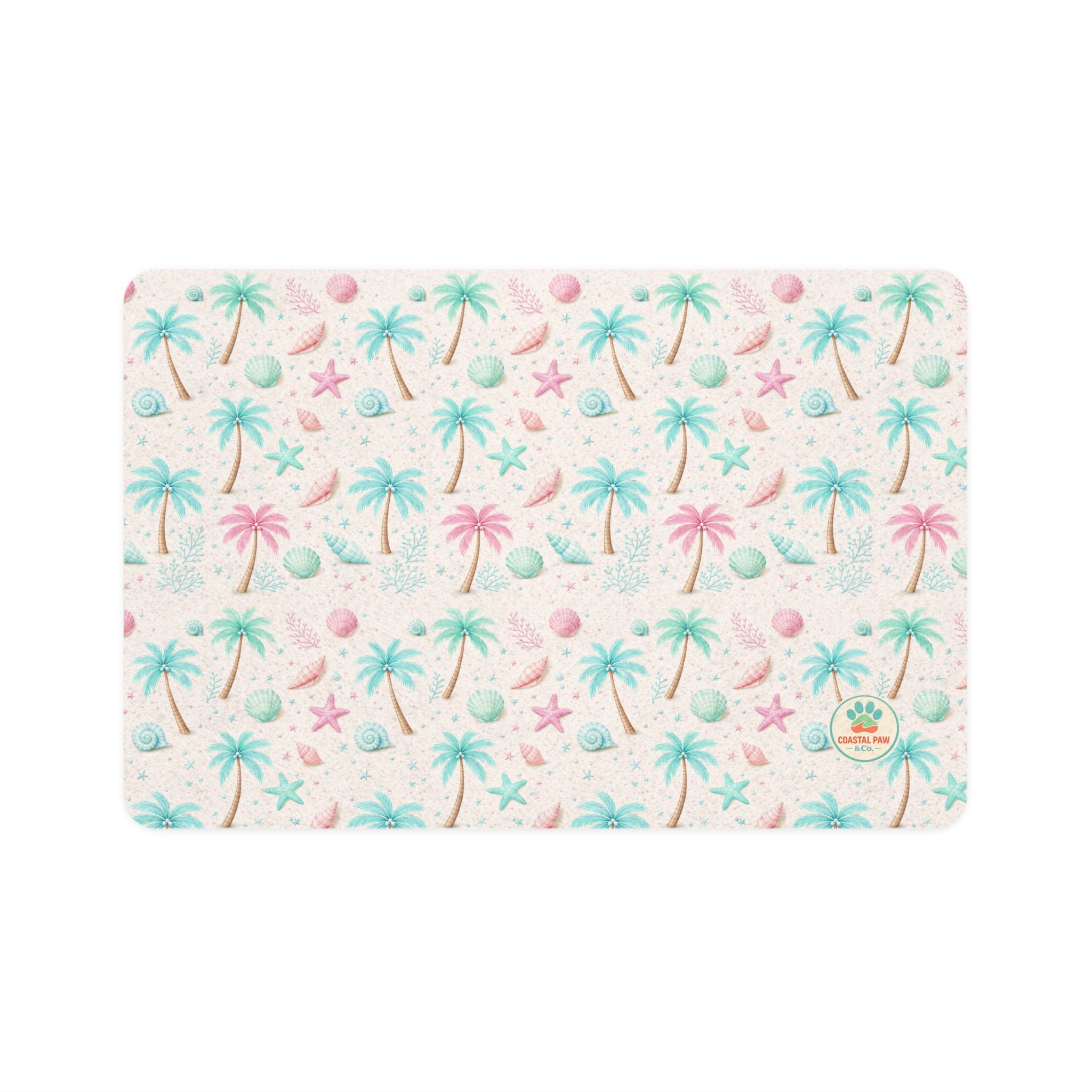 Pastel Beach Palm Tree Pet Food Mat, 12x18 | Seashells, Starfish Design