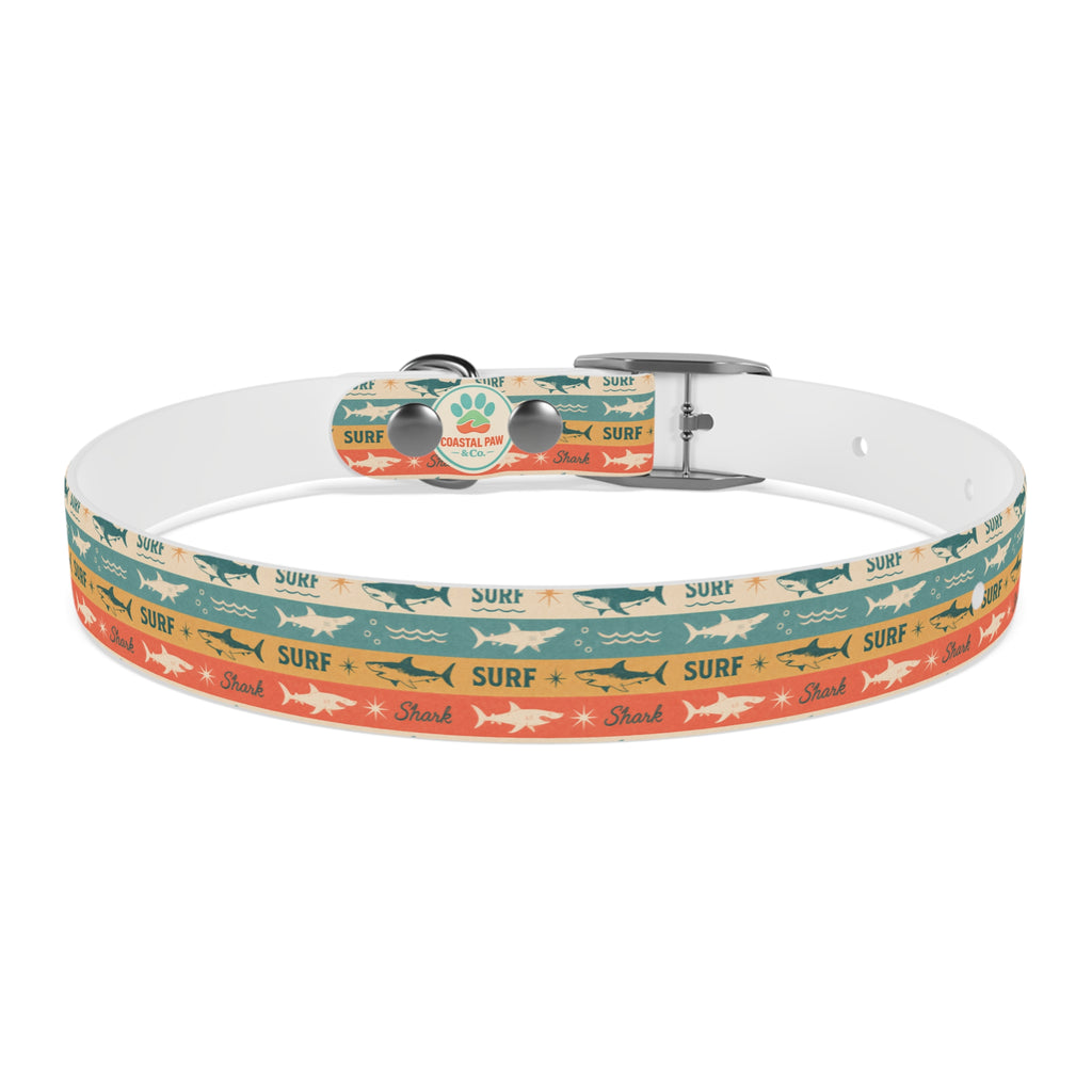 Retro Surf Sharks Dog Collar | Striped Beach Waves Pattern