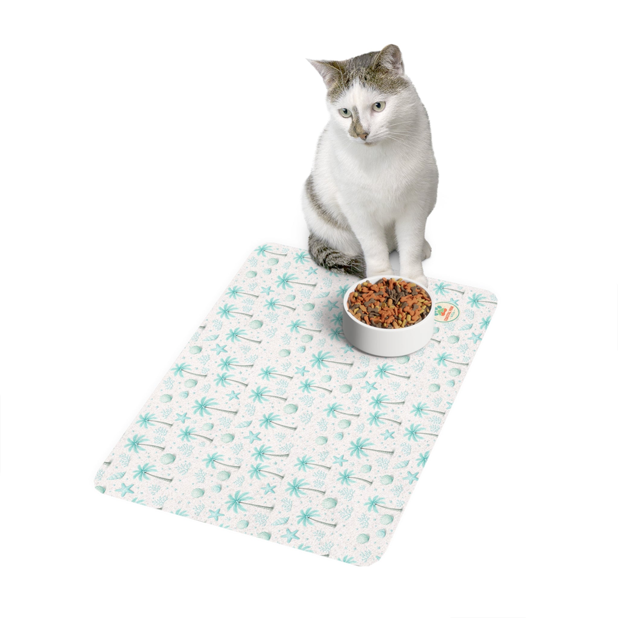 Aqua Palm Tree Pattern Pet Food Mat (12x18) | Coastal Tropical Placemat
