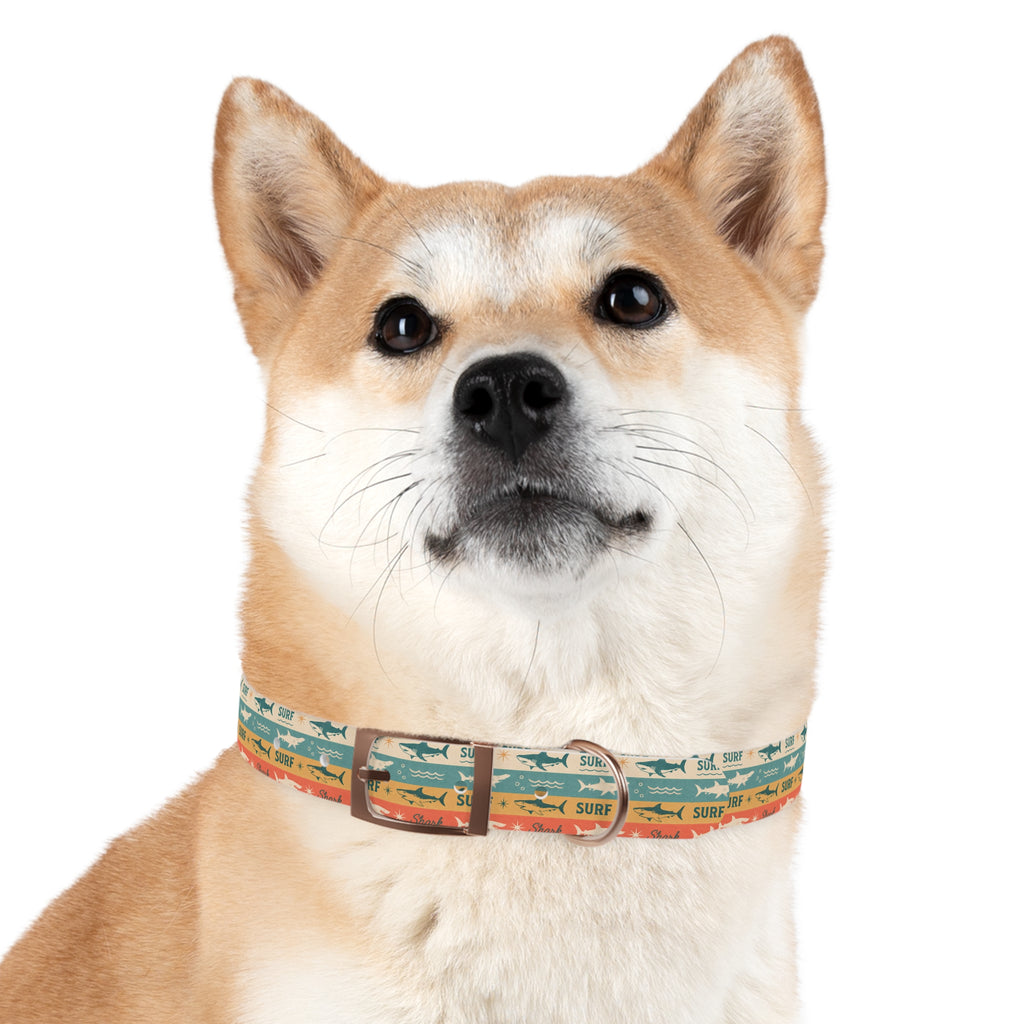 Retro Surf Sharks Dog Collar | Striped Beach Waves Pattern