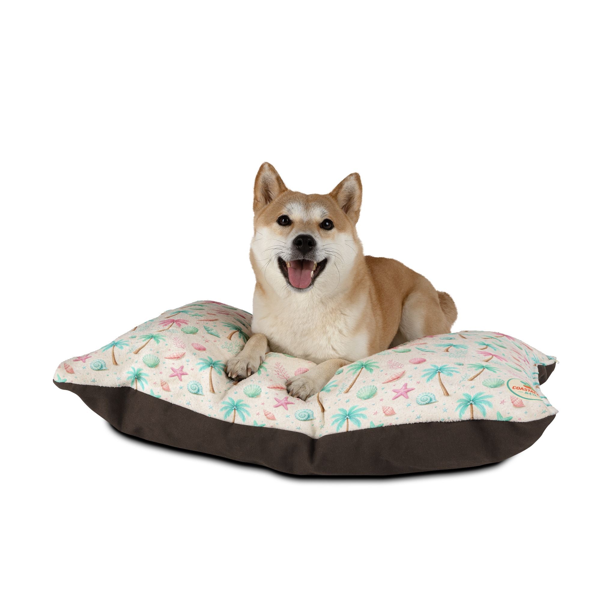 Pastel Palm Trees Pet Bed | Tropical Seashell Pattern