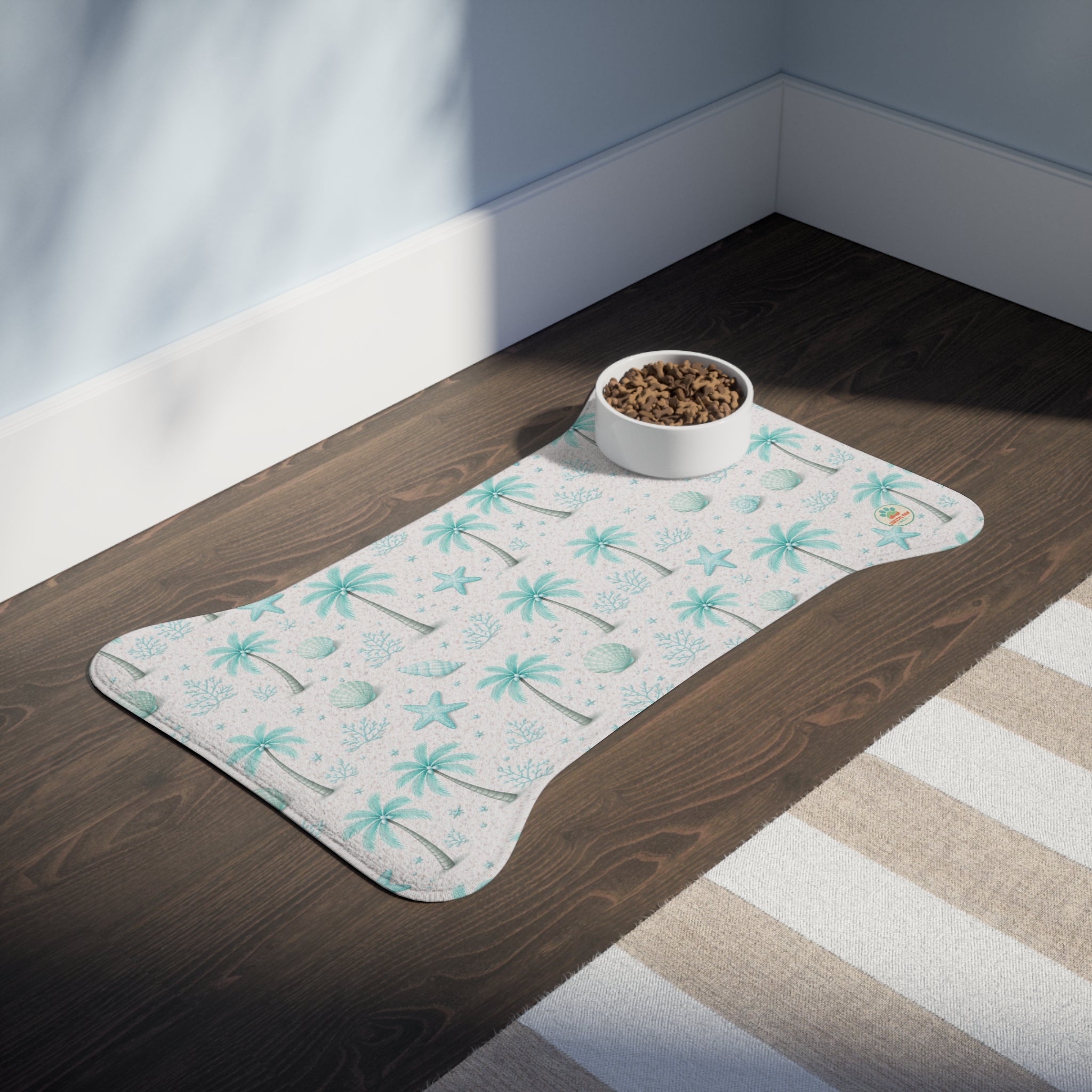 Aqua Palm Tree Pattern Pet Feeding Mat | Coastal Beach Design, Non-Slip