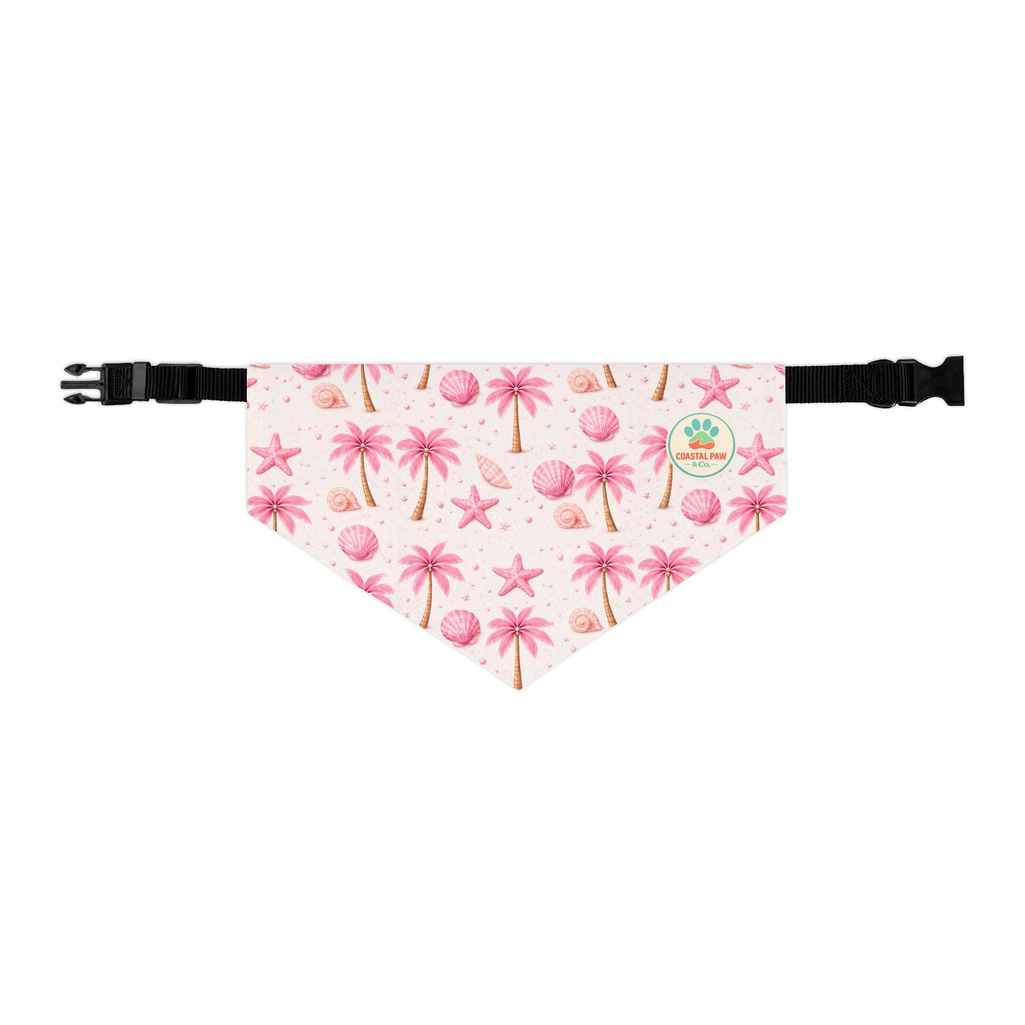 Pink Palm Trees Seashells Pet Bandana Collar | Tropical Beach Print