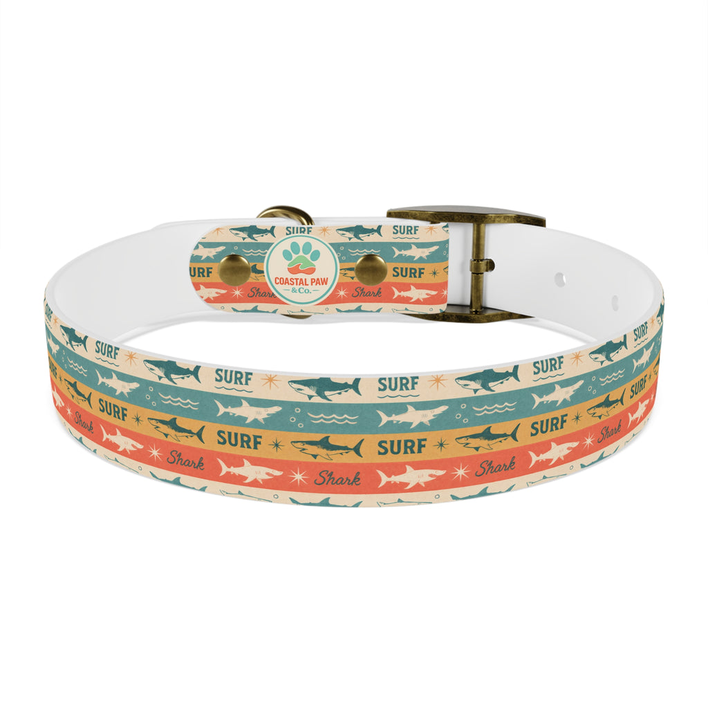 Retro Surf Sharks Dog Collar | Striped Beach Waves Pattern