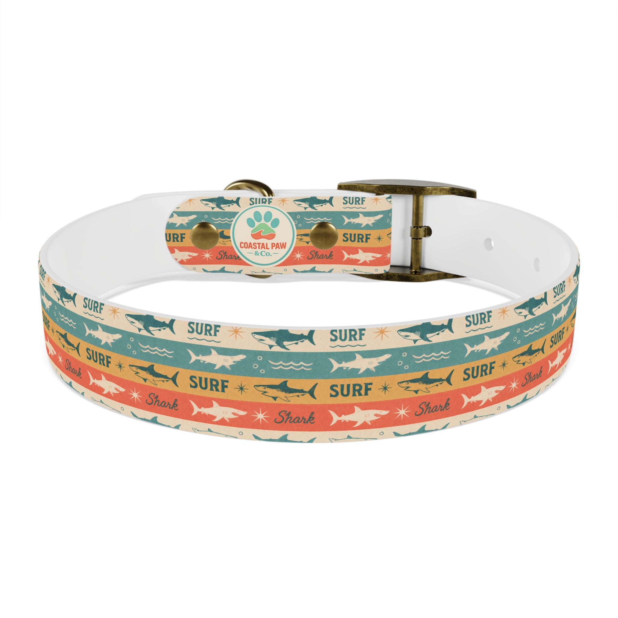 Retro Surf Sharks Dog Collar | Striped Beach Waves Pattern