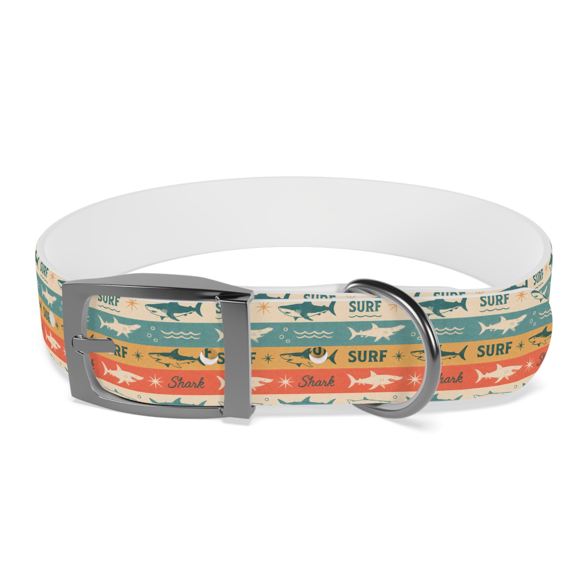Retro Surf Sharks Dog Collar | Striped Beach Waves Pattern