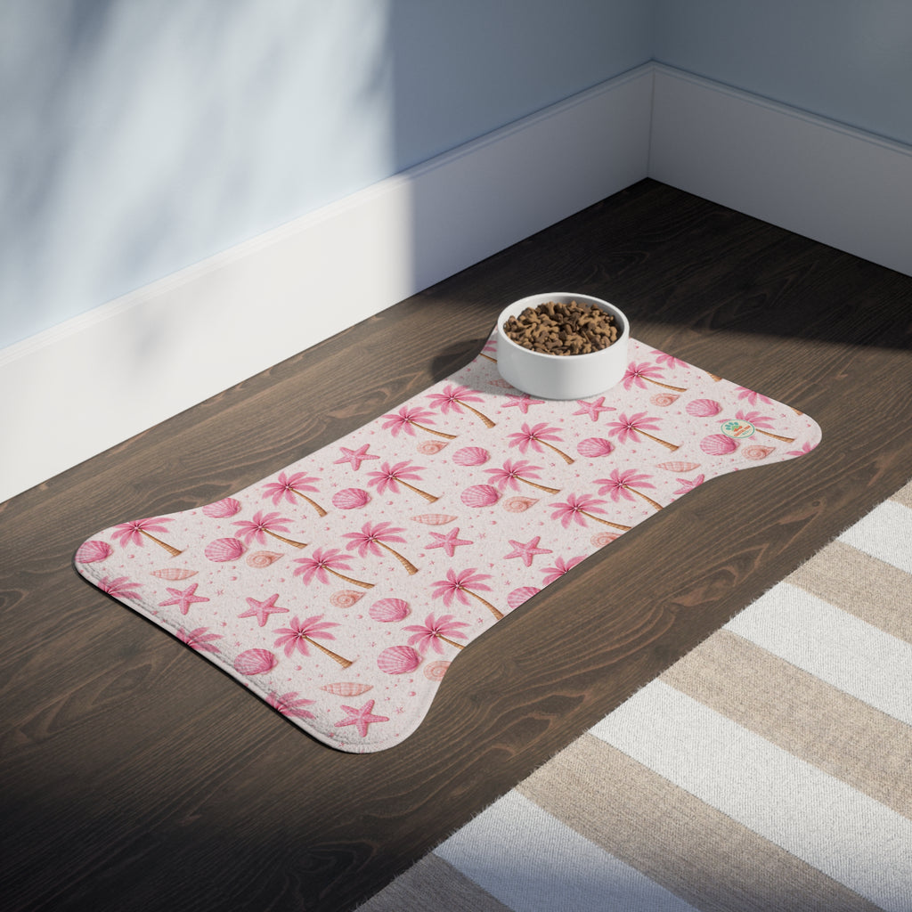 Pink Palm Trees Seashells Pet Feeding Mat | Spill proof Non-slip Placemat