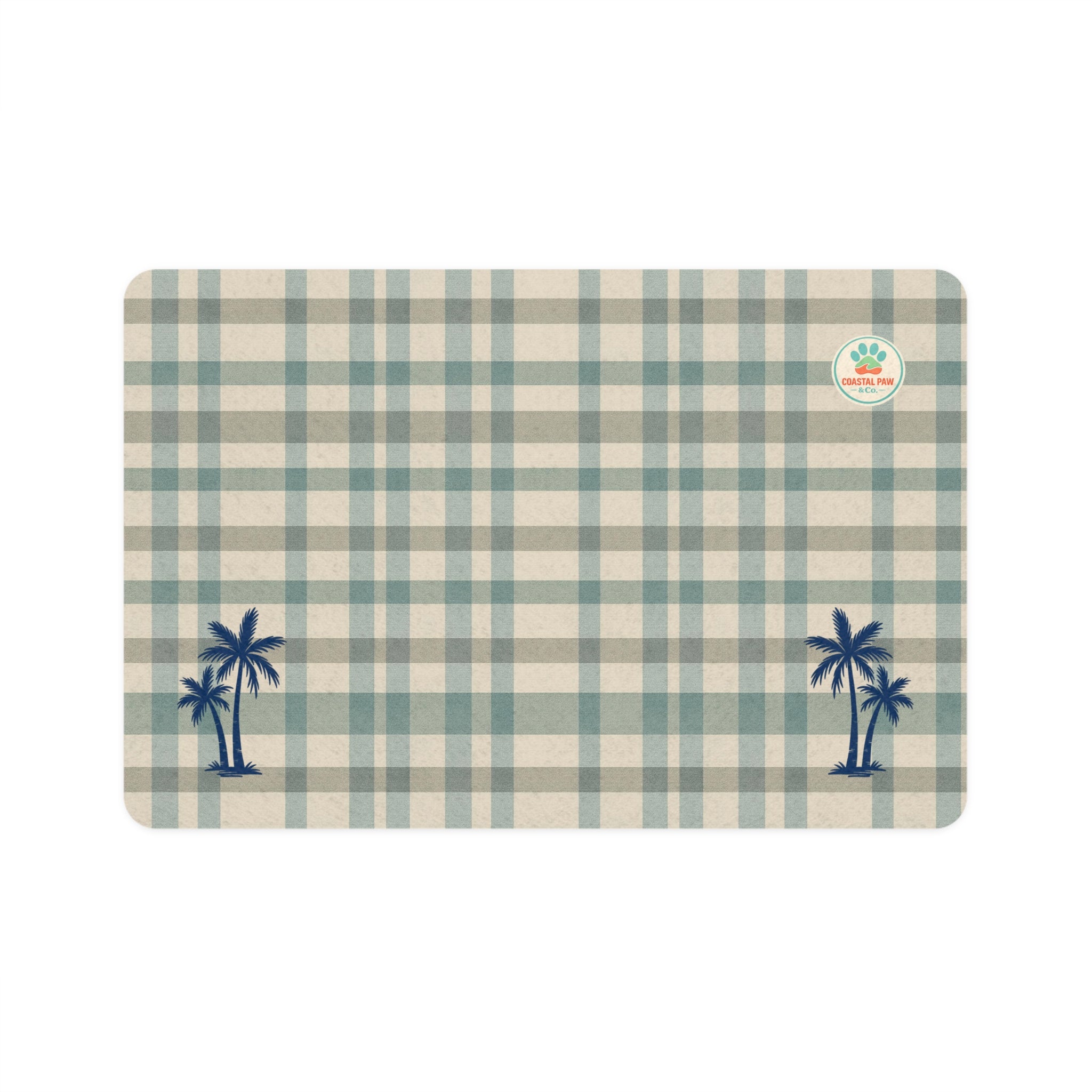 Navy Palm Trees Plaid Pet Food Mat