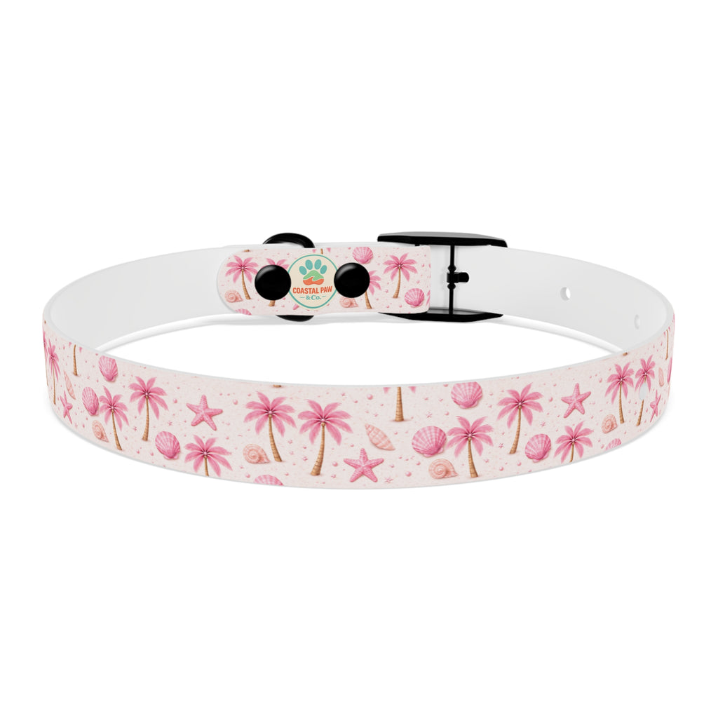 Pink Seashell Palm Tree Pattern Dog Collar | Beach Summer Print