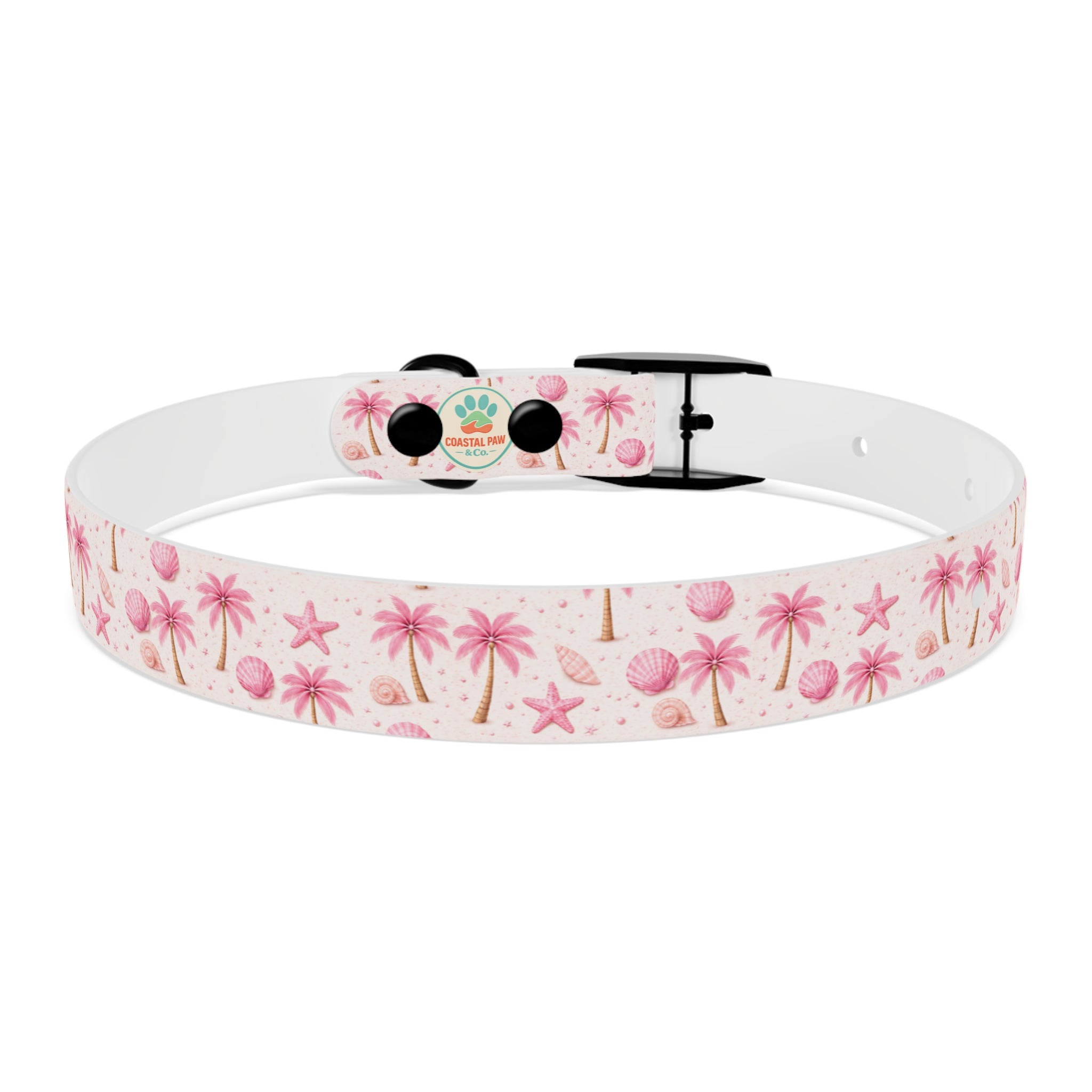 Pink Seashell Palm Tree Pattern Dog Collar | Beach Summer Print