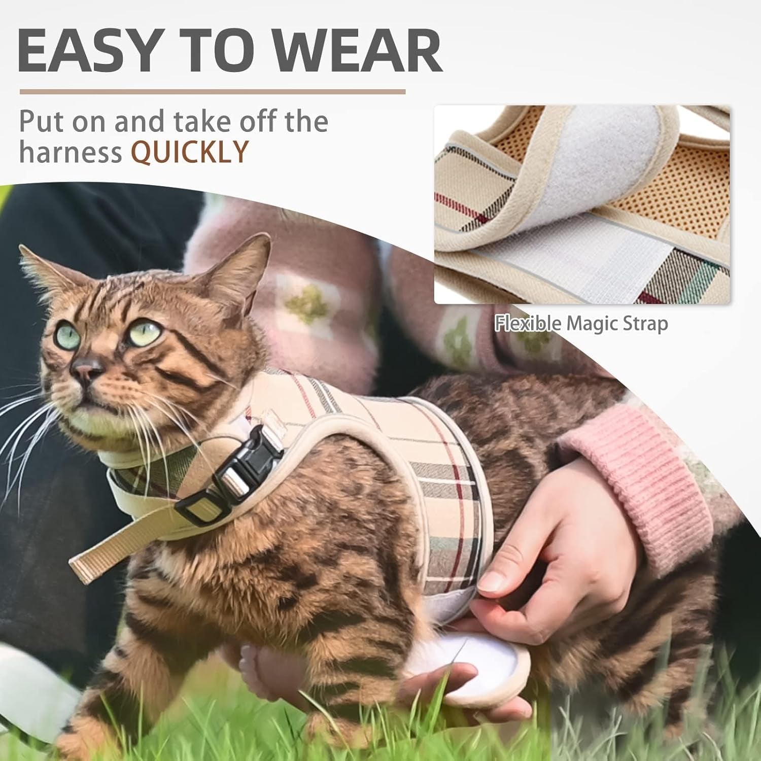 Soft Mesh Cat Vest Harness and Leash Set Puppy Padded Pet Harnesses Escape Proof for Cats Small Dogs Rabbits Bunny, Plaid Beige, M