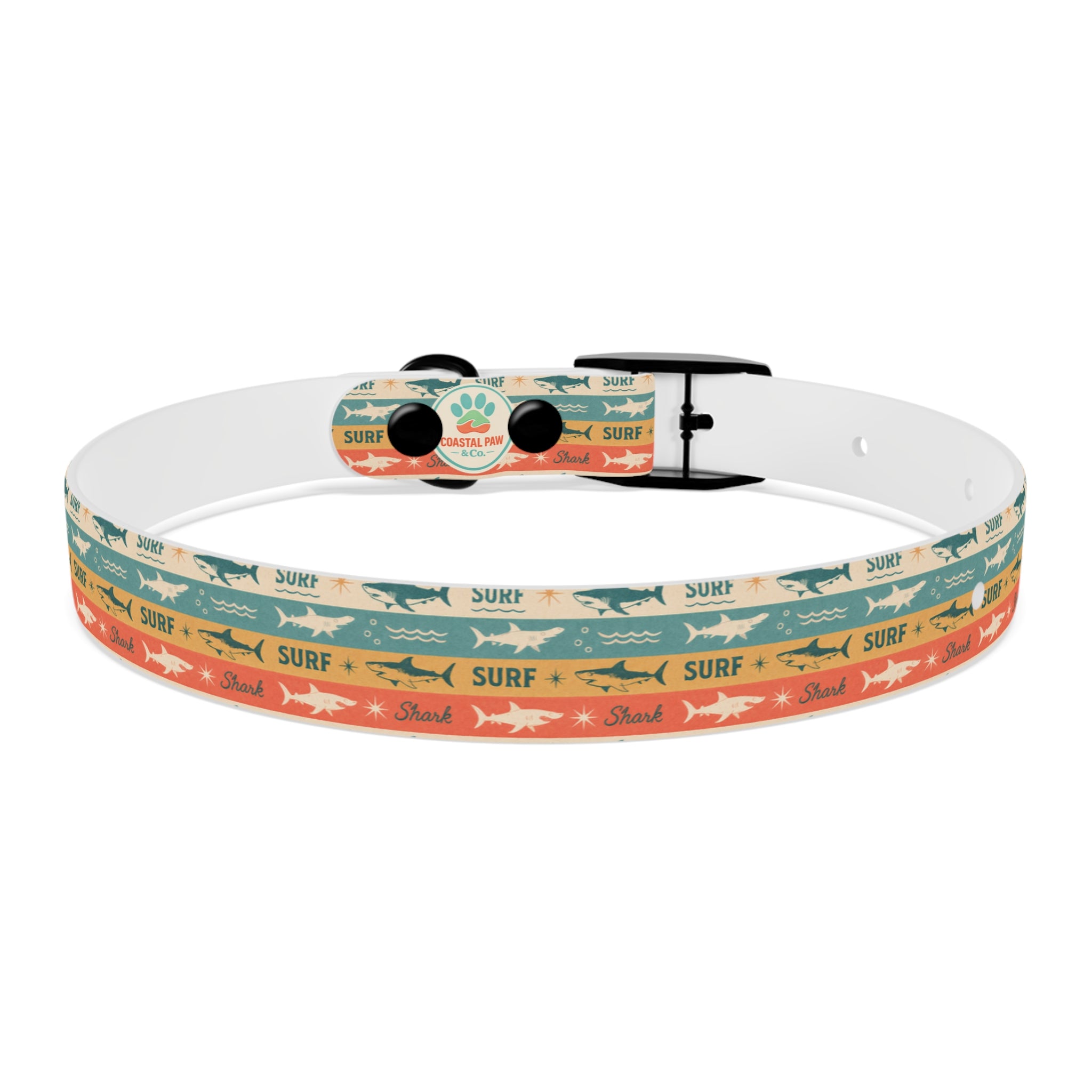 Retro Surf Sharks Dog Collar | Striped Beach Waves Pattern