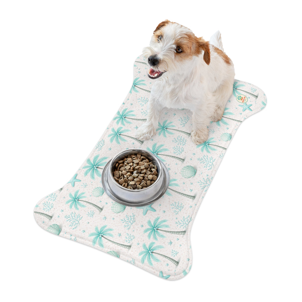 Aqua Palm Tree Pattern Pet Feeding Mat | Coastal Beach Design, Non-Slip