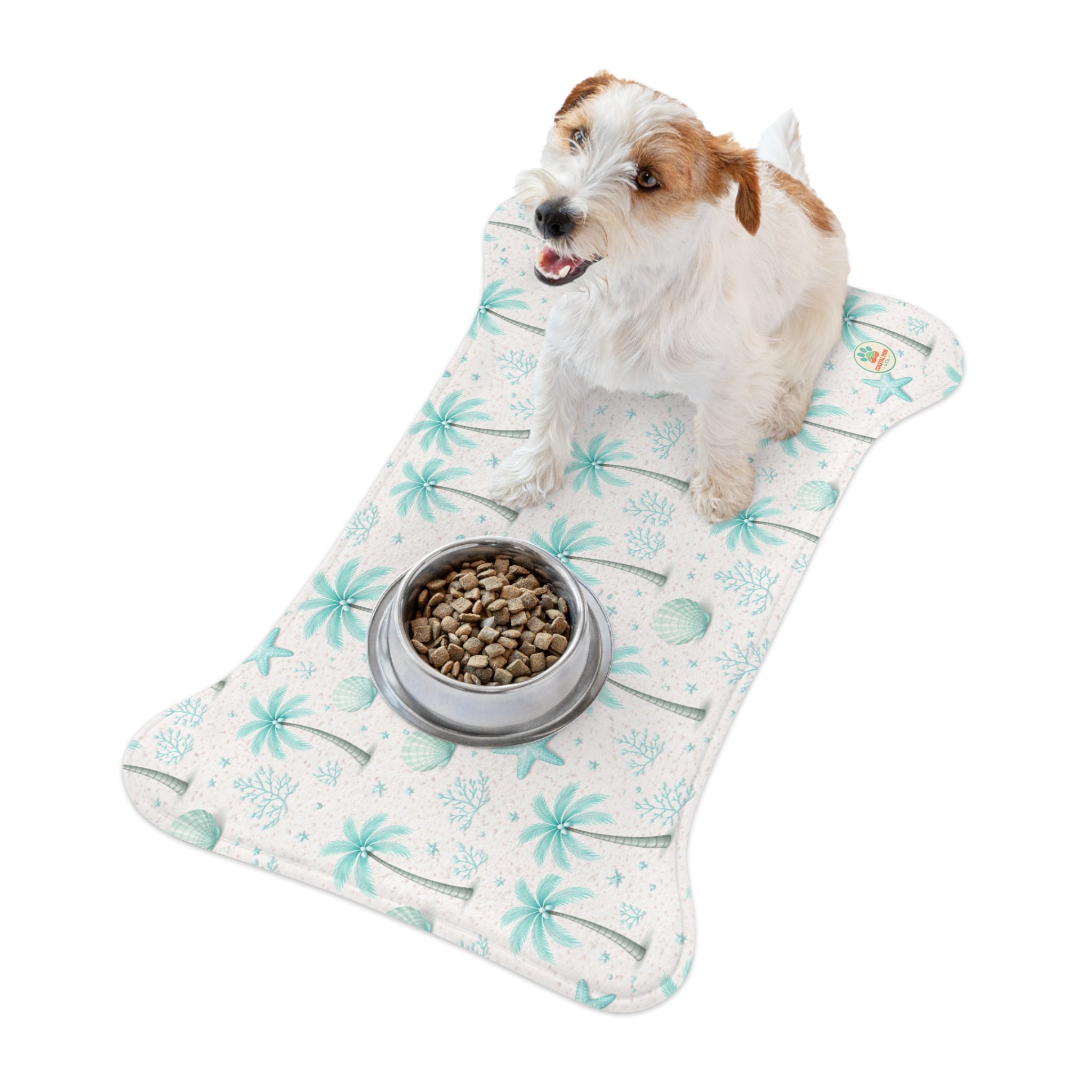 Aqua Palm Tree Pattern Pet Feeding Mat | Coastal Beach Design, Non-Slip