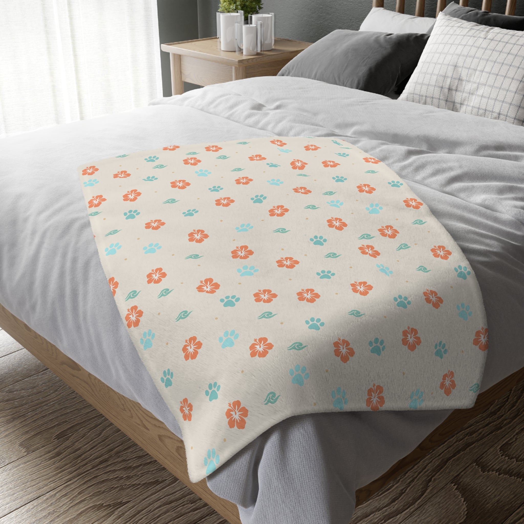 Floral Paw Print Blanket Velveteen Microfiber Blanket | Two-Sided Print