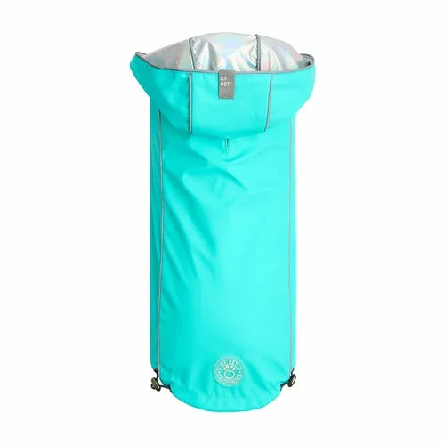 Reversible Raincoat with hood- Neon Aqua with Iridescent print Coastal Paw & Co