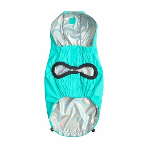 Reversible Raincoat with hood- Neon Aqua with Iridescent print Coastal Paw & Co