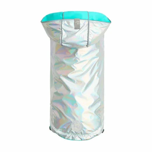 Reversible Raincoat with hood- Neon Aqua with Iridescent print Coastal Paw & Co
