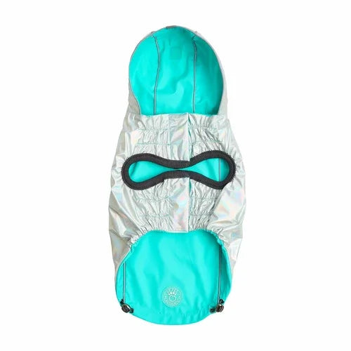 Reversible Raincoat with hood- Neon Aqua with Iridescent print Coastal Paw & Co