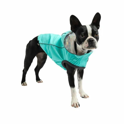 Reversible Raincoat with hood- Neon Aqua with Iridescent print Coastal Paw & Co